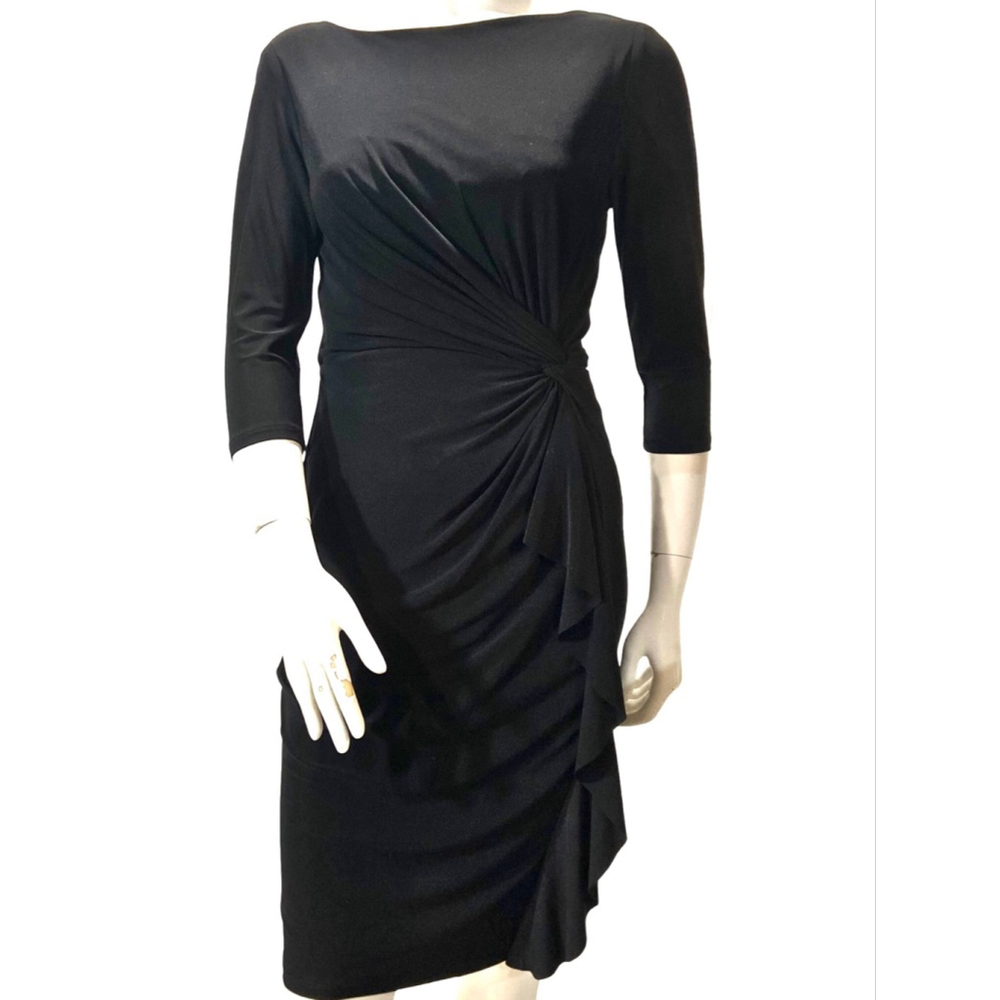 Ralph Lauren Waterfall Sheath Dress Black 3/4 Sleeve Ruched Cocktail Midi Size 4